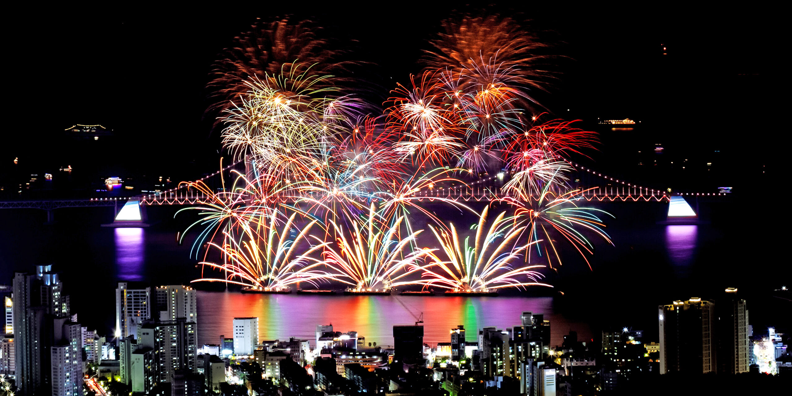 Busan Fireworks Festival over Gwangan Bridge at Gwangalli