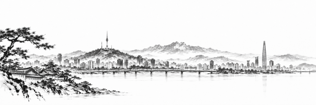 Black and white Korean ink painting of Seoul, with the Han River, N Seoul Tower, Lotte World Tower and traditional hanok.