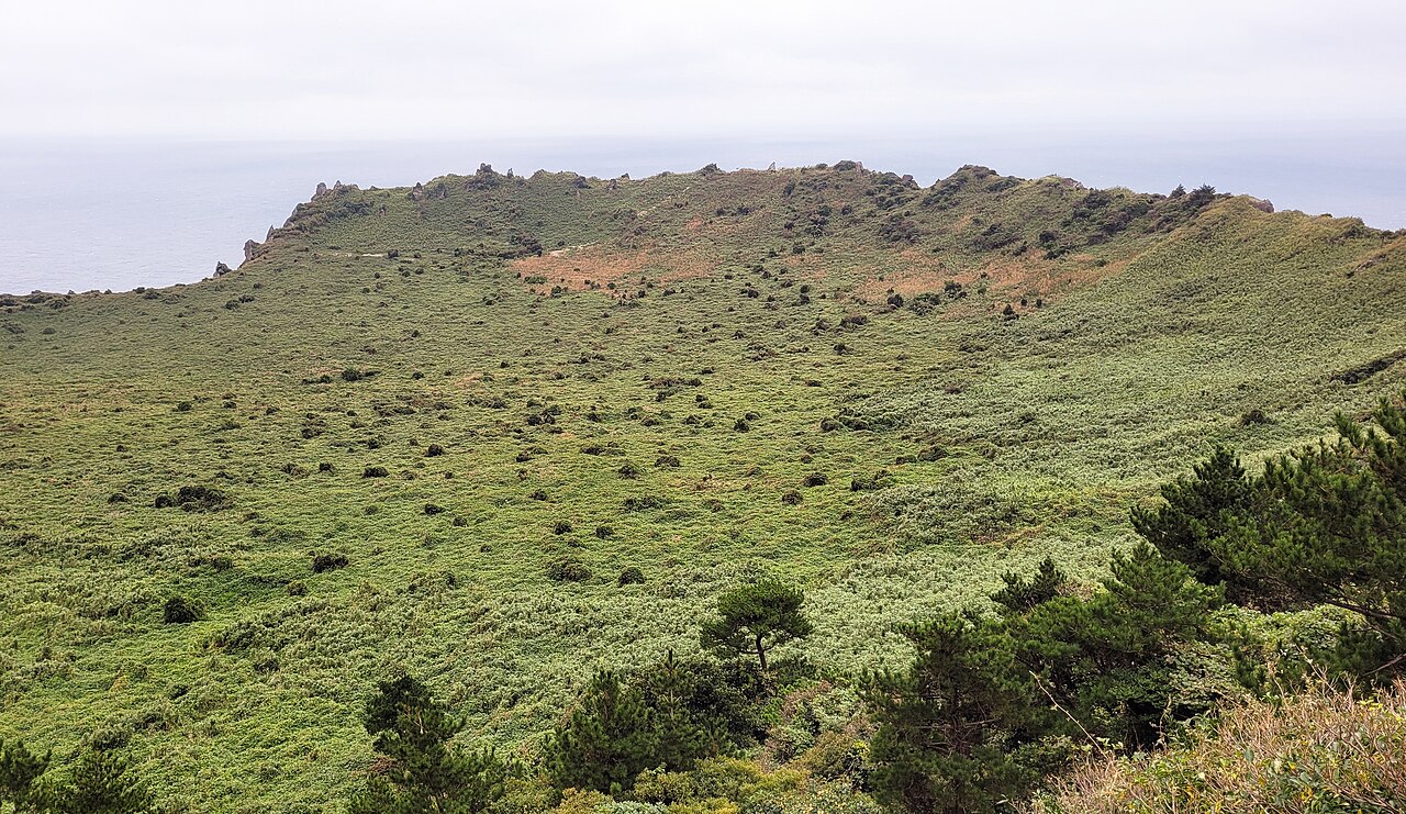 Green crater of Seongsan Ilchulbong with the sea beyond, Jeju Island